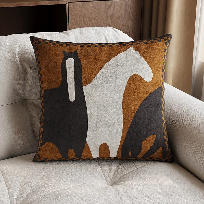 Decorative Patchwork Velvet Throw Pillow Cover with Asian-Inspired Scenic Panels and Metallic Gold Accents