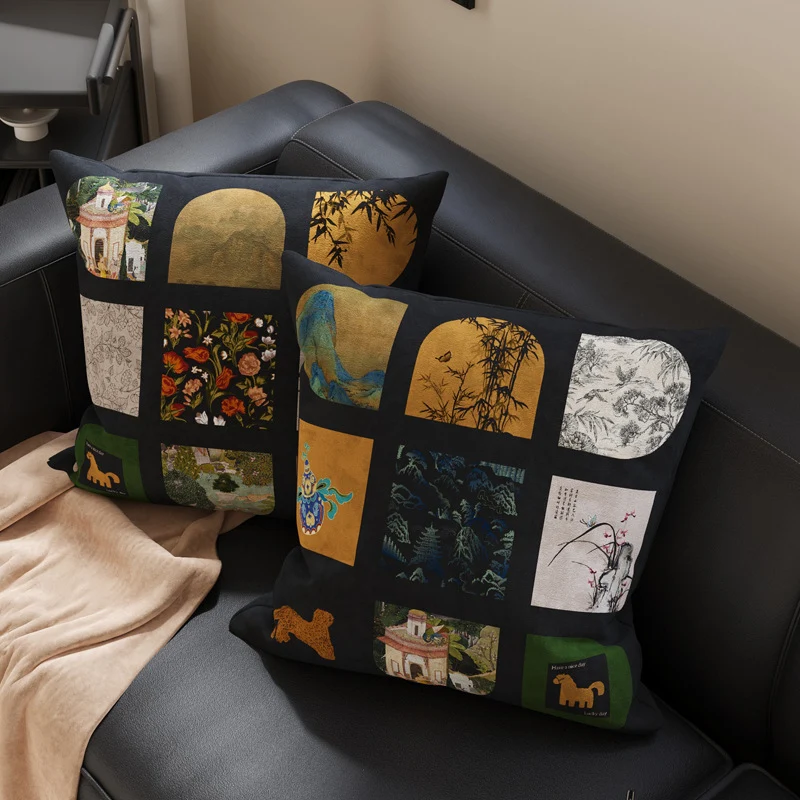 Decorative Patchwork Velvet Throw Pillow Cover with Asian-Inspired Scenic Panels and Metallic Gold Accents