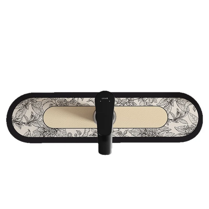 Decorative Oval Silicone Faucet Splash Guard Mat with Floral Engraved Print and Non-Slip Backing