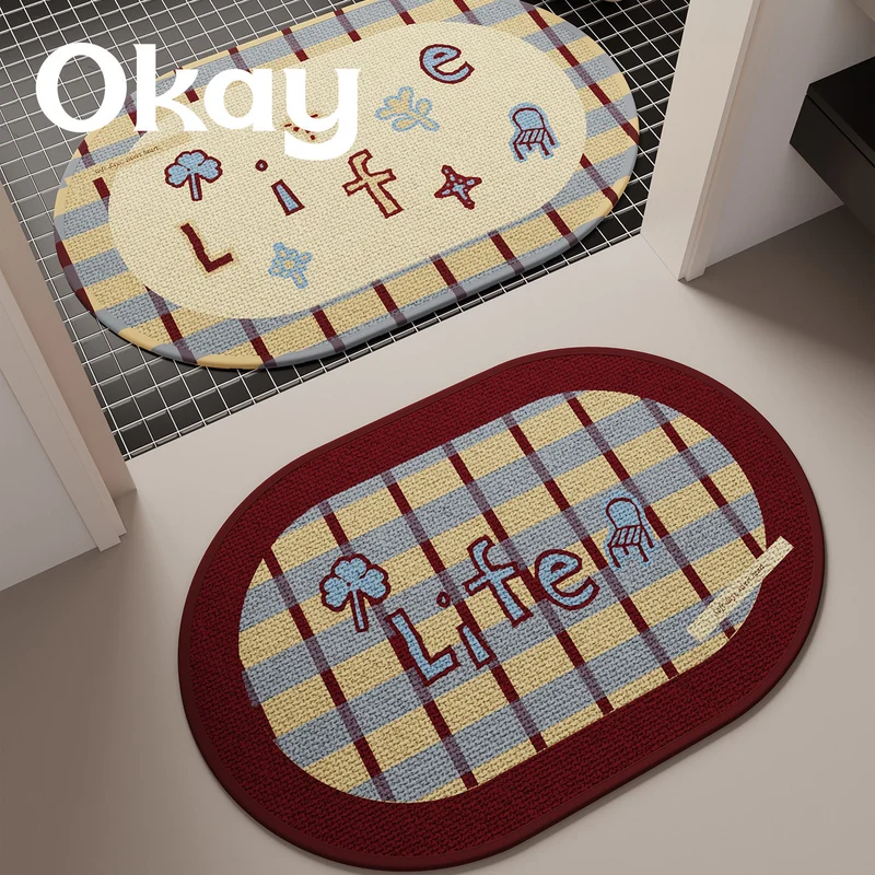 Decorative Oval Checkered Entrance Mat with Embroidered 'Life' Script and Non-Slip Backing