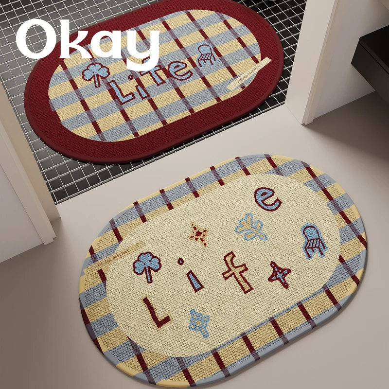 Decorative Oval Checkered Entrance Mat with Embroidered 'Life' Script and Non-Slip Backing