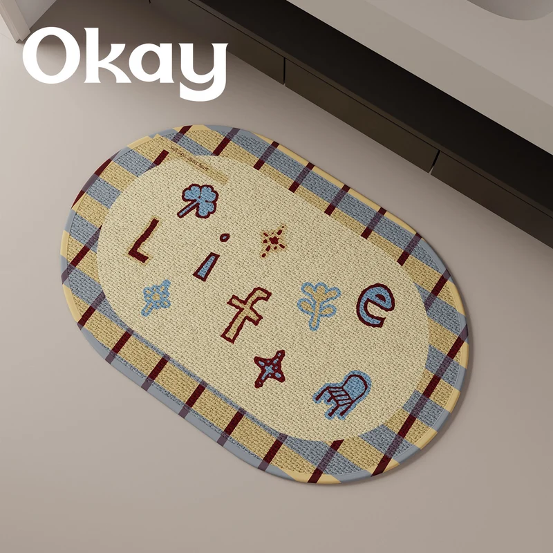 Decorative Oval Checkered Entrance Mat with Embroidered 'Life' Script and Non-Slip Backing