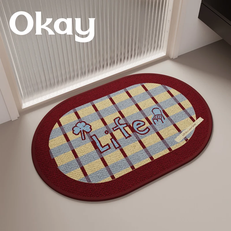 Decorative Oval Checkered Entrance Mat with Embroidered 'Life' Script and Non-Slip Backing
