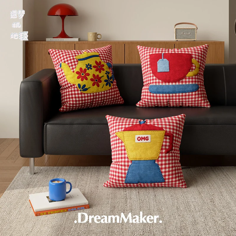 Decorative Gingham Appliqué Coffee Cup Throw Pillow Cover