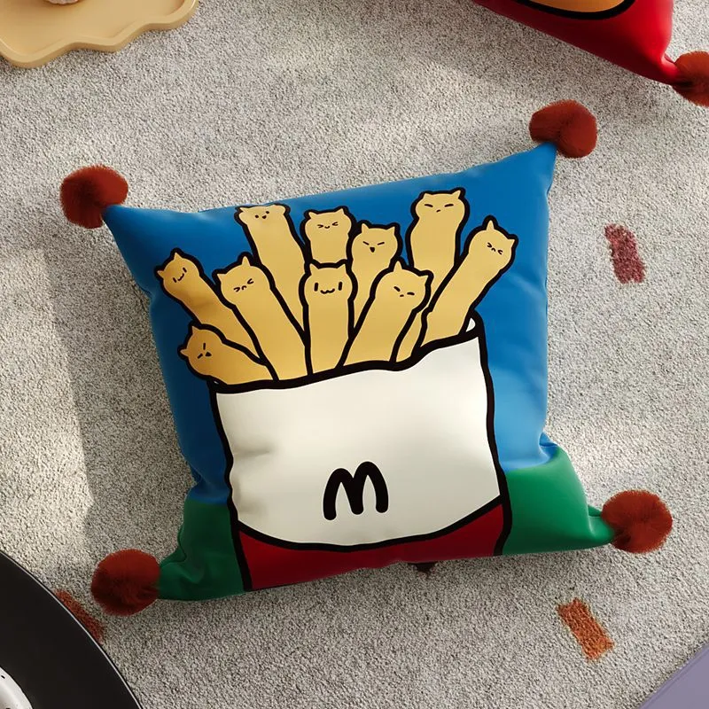 Decorative Cartoon Fries-Cats Square Throw Pillow Cover with Pom-Pom Tassel Corners