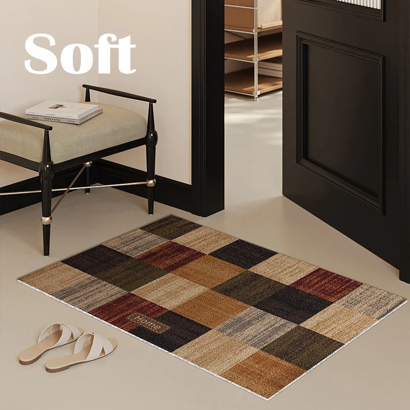 Decorative Absorbent Non-Slip Entrance Doormat with Patchwork Plaid Pattern and 'Home' Embossed Accent