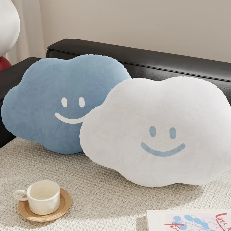 Cloud-Shaped Plush Decorative Throw Pillow with Smiley Face Velvet Cover