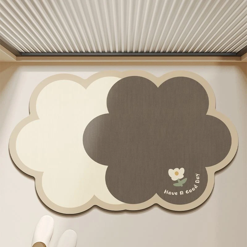 Cloud-Shaped Low-Pile Absorbent Floor Mat with Non-Slip Backing and Flower Print