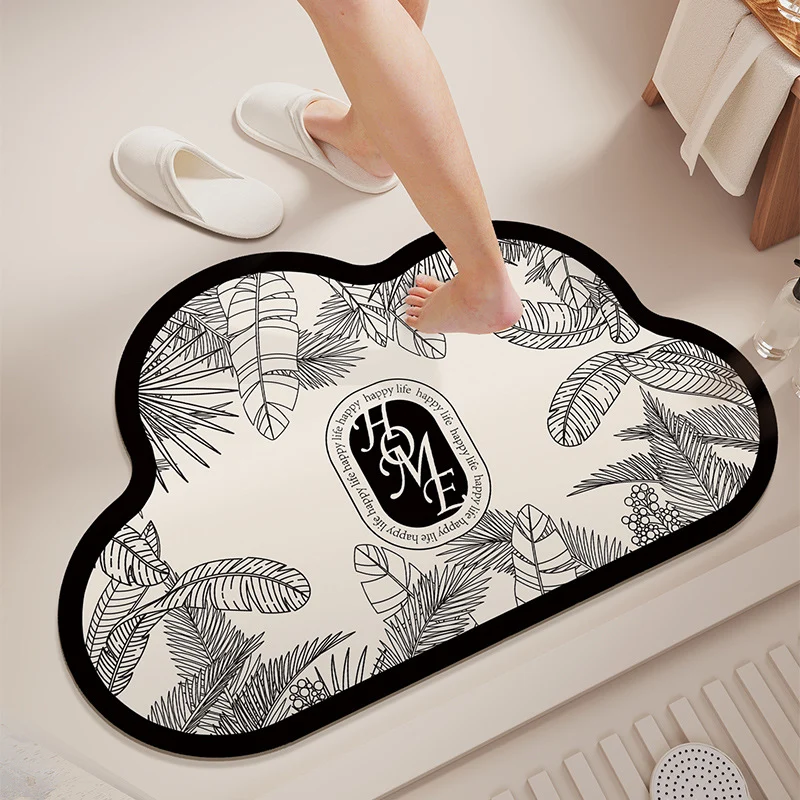 Cloud-Shaped Absorbent Microfiber Bath Mat with Non-Slip Backing and Palm Leaf Print