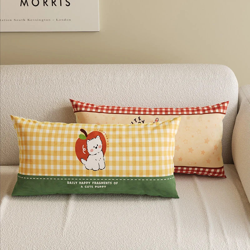 Cartoon Puppy Gingham Square Throw Pillow Cover with Hidden Zipper Linen-Blend Texture