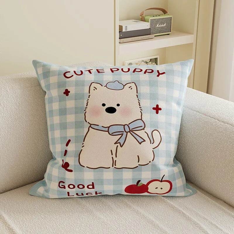 Cartoon Puppy Gingham Square Throw Pillow Cover with Hidden Zipper Linen-Blend Texture