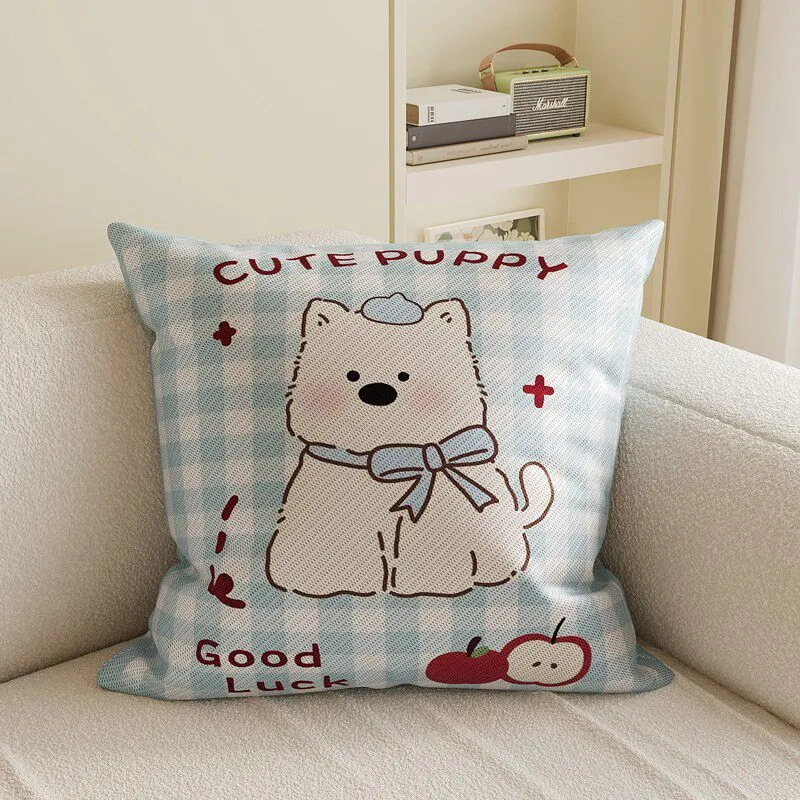 Cartoon Puppy Gingham Square Throw Pillow Cover with Hidden Zipper Linen-Blend Texture