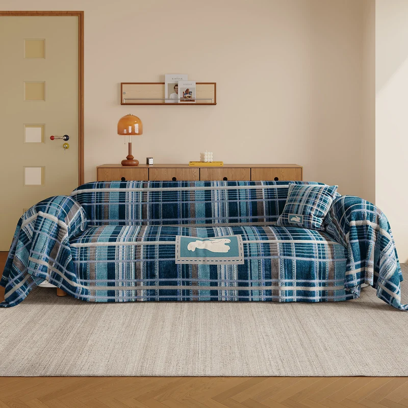 Brushed Microfiber Plaid Sofa Slipcover Throw with Bunny Appliqué and Removable Cushion Cover