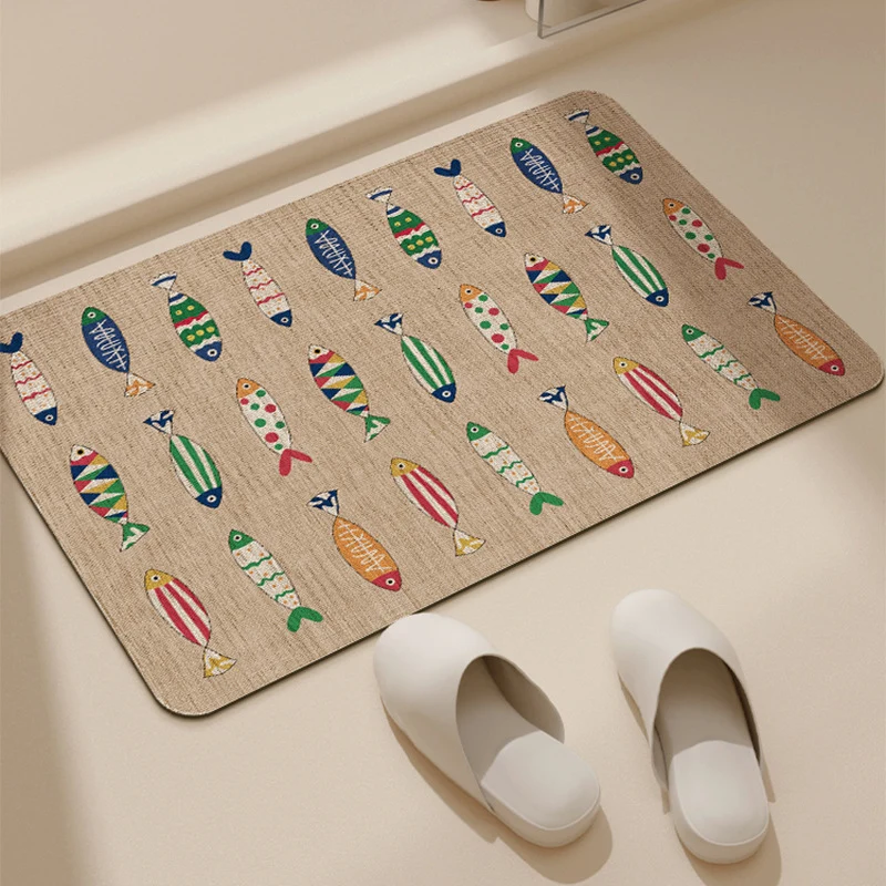 Absorbent Low-Profile Jute-Texture Fish Pattern Entrance & Bath Mat