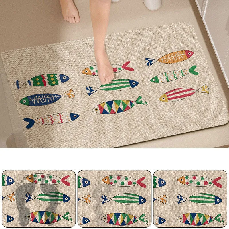 Absorbent Low-Profile Jute-Texture Fish Pattern Entrance & Bath Mat