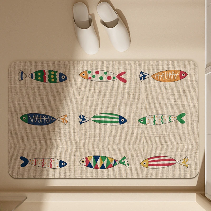 Absorbent Low-Profile Jute-Texture Fish Pattern Entrance & Bath Mat