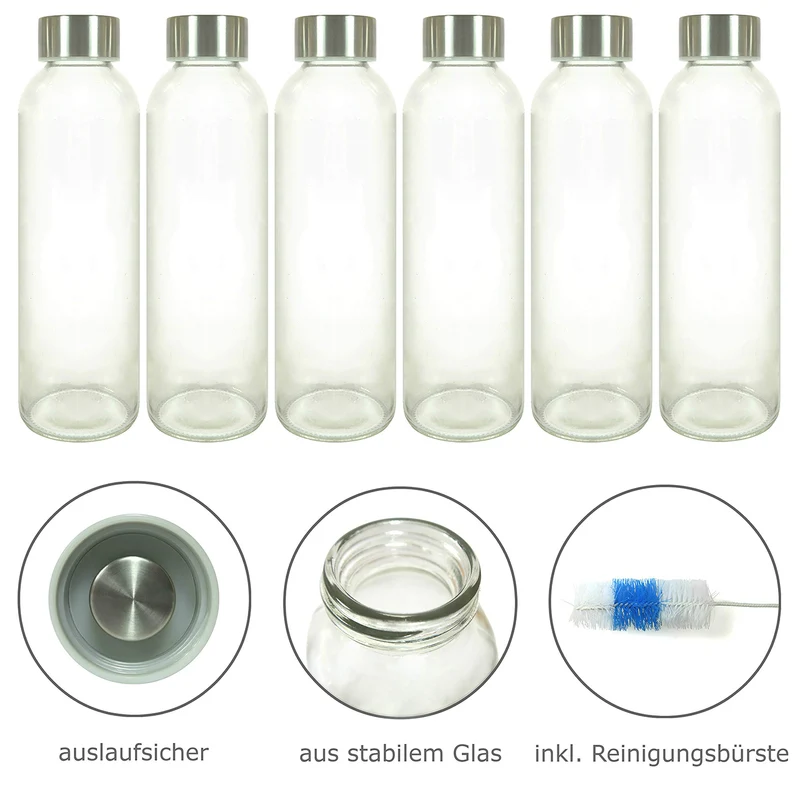 Glasflaschen 500 ml, 6er-Set + Flaschenbürste