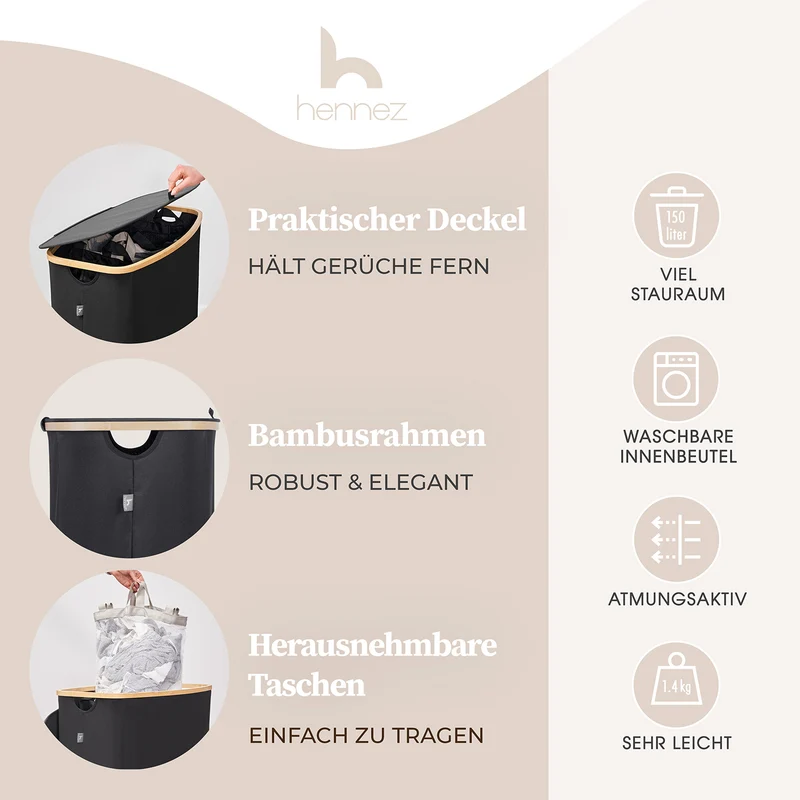 Aufbewahrungskorb "Adrian" 150 l mit Deckel & 3 Fächern - Schwarz