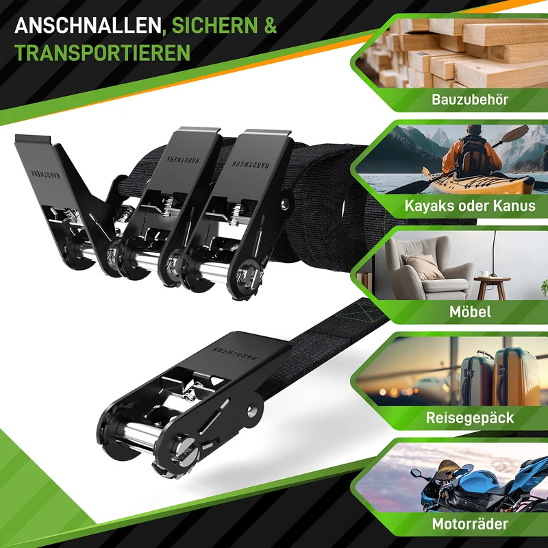 Spanngurte mit Ratschen - 4er-Set - Schwarz
