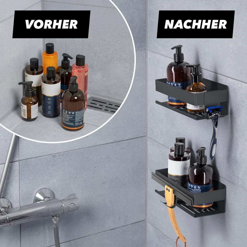 Dusch-Organizer zum Kleben oder Bohren - 2er-Set - Schwarz