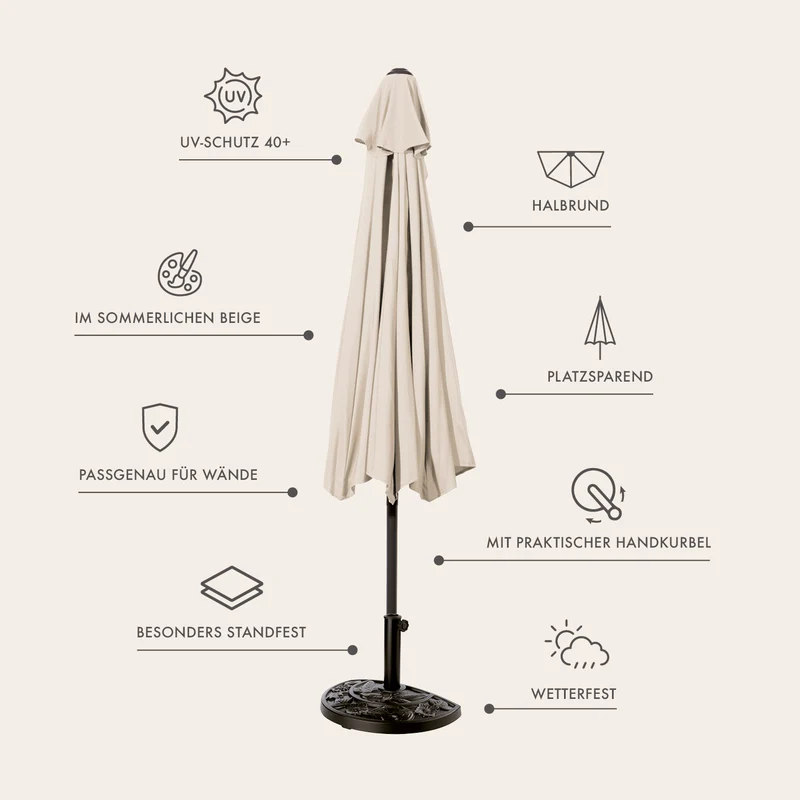 Sonnenschirm mit UV-Schutz mit Sonnenschirmfuß - halbrund 270x140 cm - beige