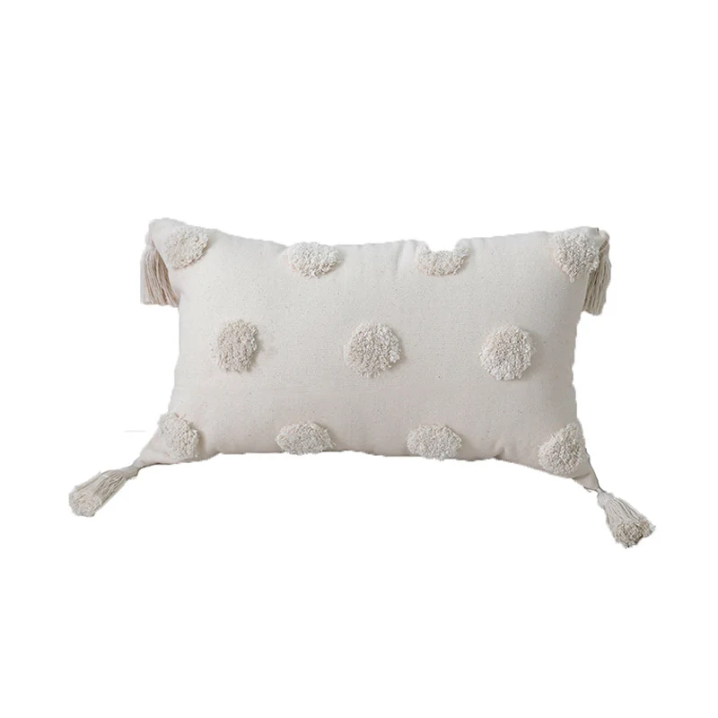 Quadratischer Baumwoll-Leinen Kissenbezug mit 3D‑Pompon‑Tufting und Eckquasten Karnz