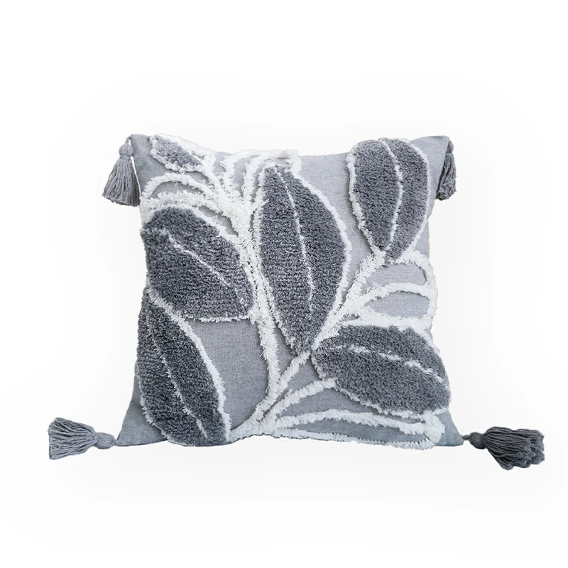 Dekorativer Kissenbezug mit gezeichnetem Blatt-Tufting und Quasten Karnz