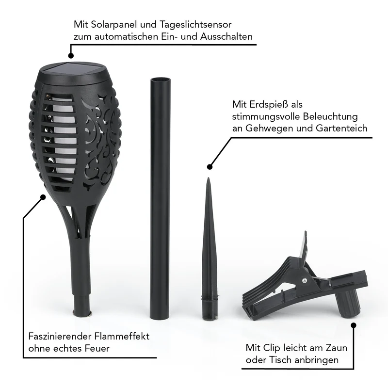 Solar-Fackel LED mit Erdspieß und Clip - 2er-Set