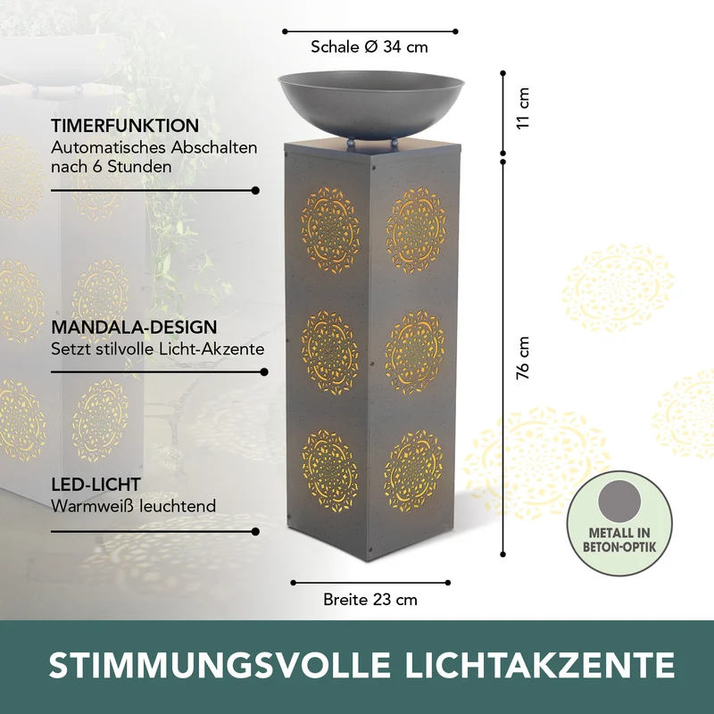 LED-Dekosäule Beton-Optik mit Pflanzschale Mandala - 87 cm - Grau