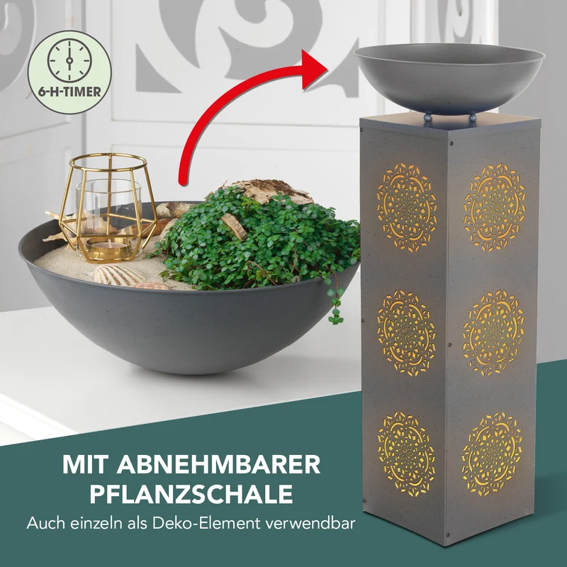 LED-Dekosäule Beton-Optik mit Pflanzschale Mandala - 87 cm - Grau