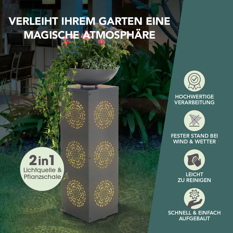 LED-Dekosäule Beton-Optik mit Pflanzschale Mandala - 87 cm - Grau