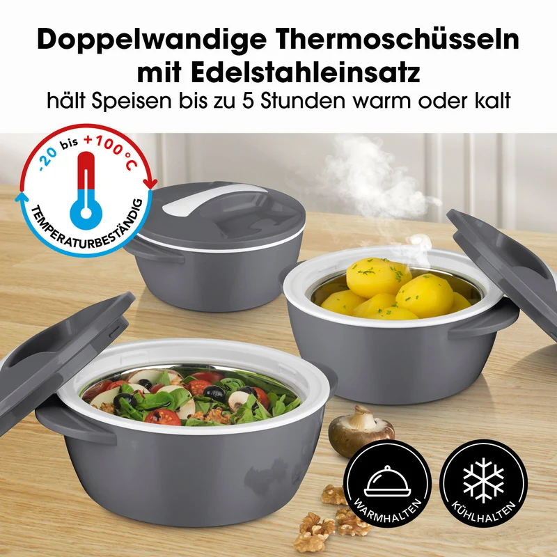 Thermo-Schüssel Mikrowelle - 3er-Set (450 ml + 850 ml + 1400 ml) - grau/weiß