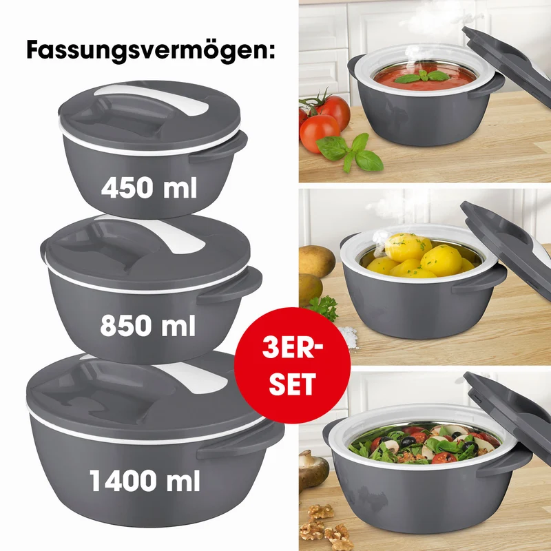 Thermo-Schüssel Mikrowelle - 3er-Set (450 ml + 850 ml + 1400 ml) - grau/weiß