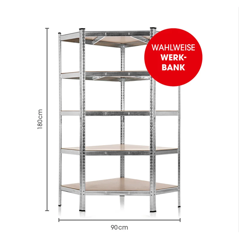 Schwerlast-Eckregal & Werkbank - 180 x 90 x 40 cm - 875 kg Traglast, 175 kg pro Ebene