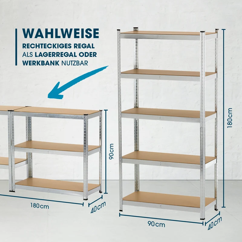 Schwerlastregal & Werkbank mit GS - Bis zu 175 kg Tragkraft je Regalboden - 180 x 90 x 40 cm - 2er-Set