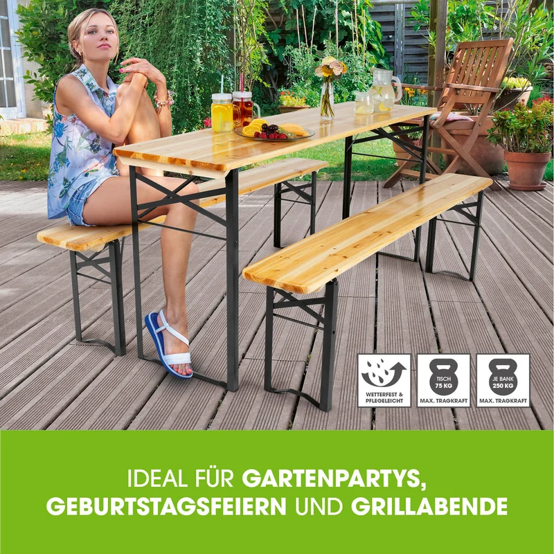 Bierzeltgarnitur Set (1 Tisch mit 2 Sitzbänken) - 170 cm - holzfarben/schwarz