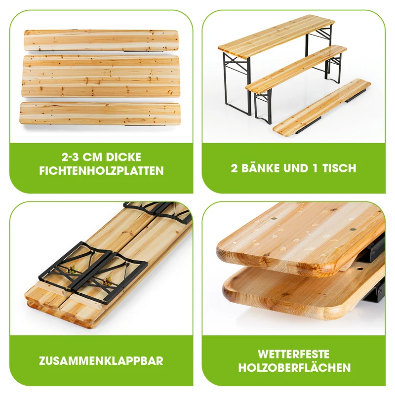 Bierzeltgarnitur Set (1 Tisch mit 2 Sitzbänken) - 170 cm - holzfarben/schwarz