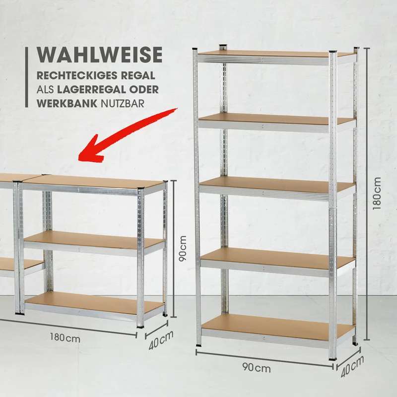 Schwerlastregal & Werkbank - 180 x 90 x 40 cm - 875 kg Traglast, 175 kg pro Ebene