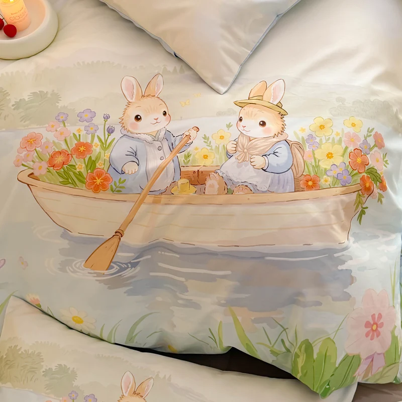 Romantische Satin-Bettwäschegarnitur mit floraler Aquarell-Illustration und Mondhäschen-Applikation Karnz