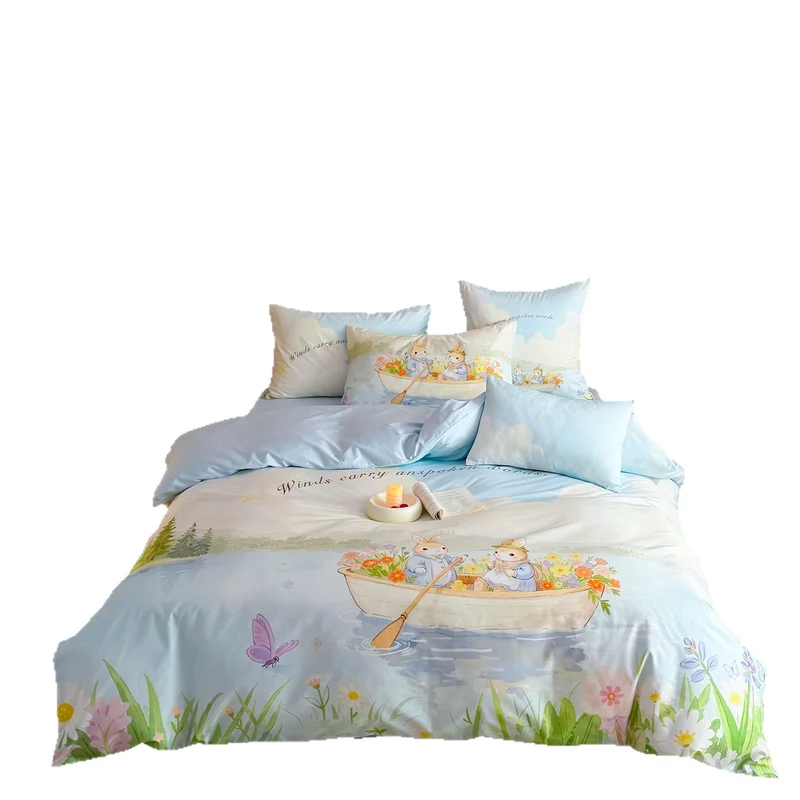 Romantische Satin-Bettwäschegarnitur mit floraler Aquarell-Illustration und Mondhäschen-Applikation Karnz