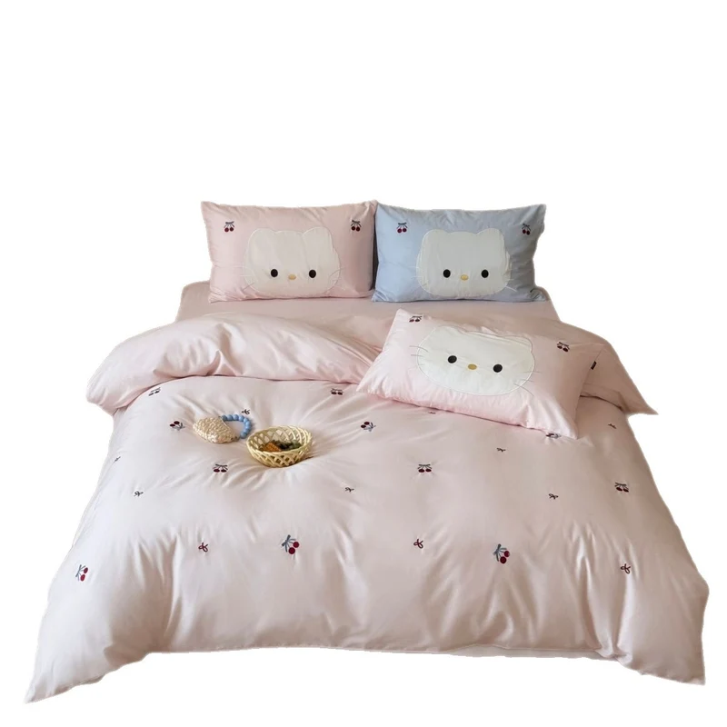 Niedliches besticktes Bettwäsche-Set mit Katzenapplikation und Kirschenmotiv Karnz