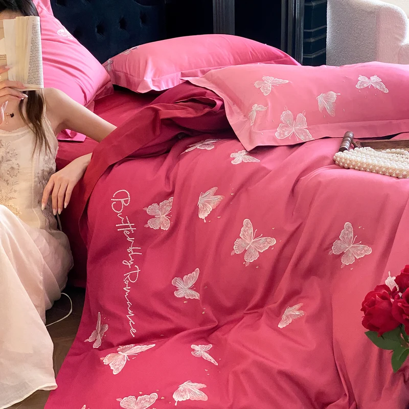 Luxus-Satin-Bettwäscheset mit bestickten Schmetterlingsapplikationen Karnz