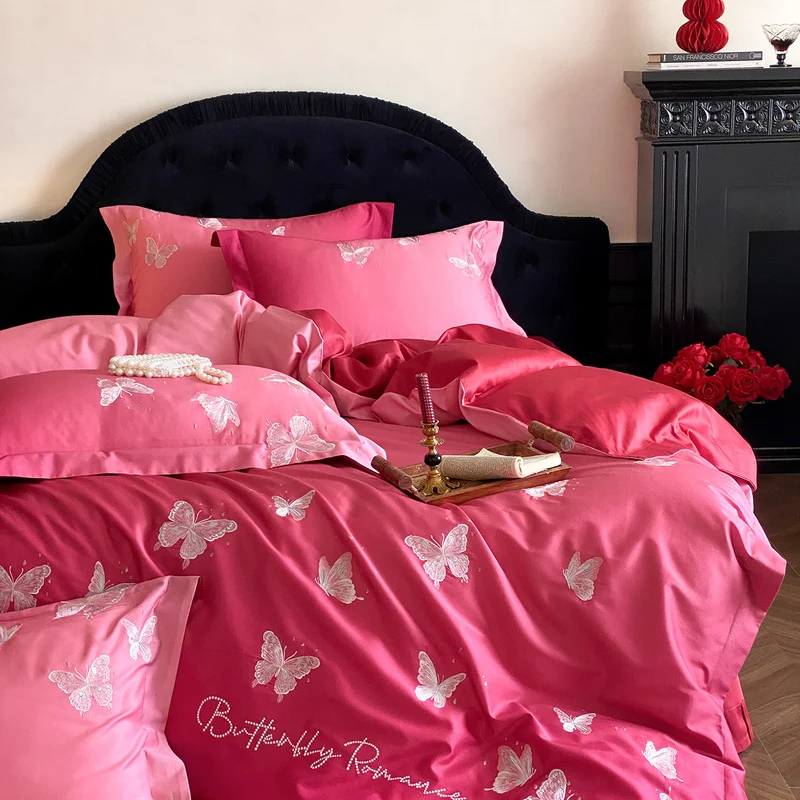 Luxus-Satin-Bettwäscheset mit bestickten Schmetterlingsapplikationen Karnz