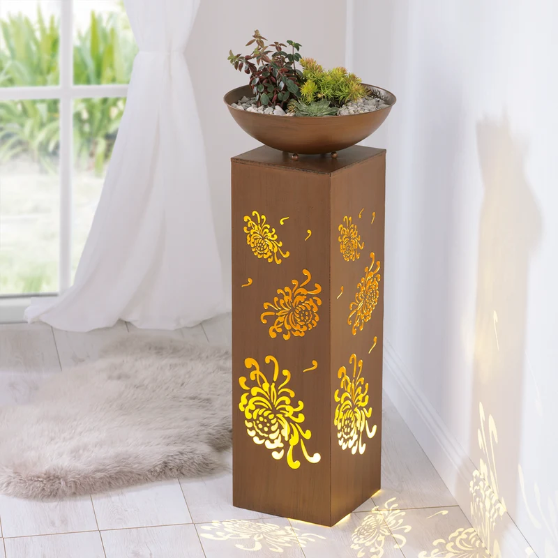 LED-Dekosäule mit Planzschale Rost-Optik "Bauernrose" - 87 cm
