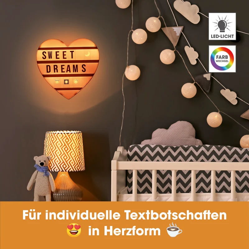 LED-Leuchtkasten Herz - 173 Buchstaben & 150 Moodjis