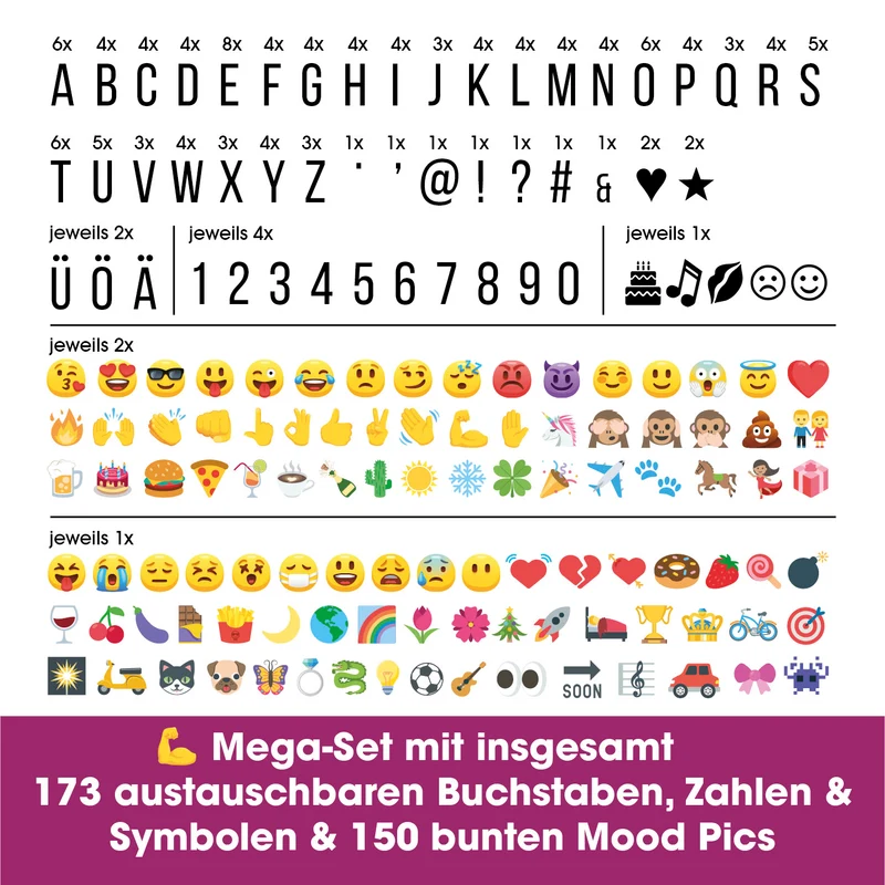 LED-Leuchtkasten Einhorn - 173 Buchstaben & 150 Moodjis