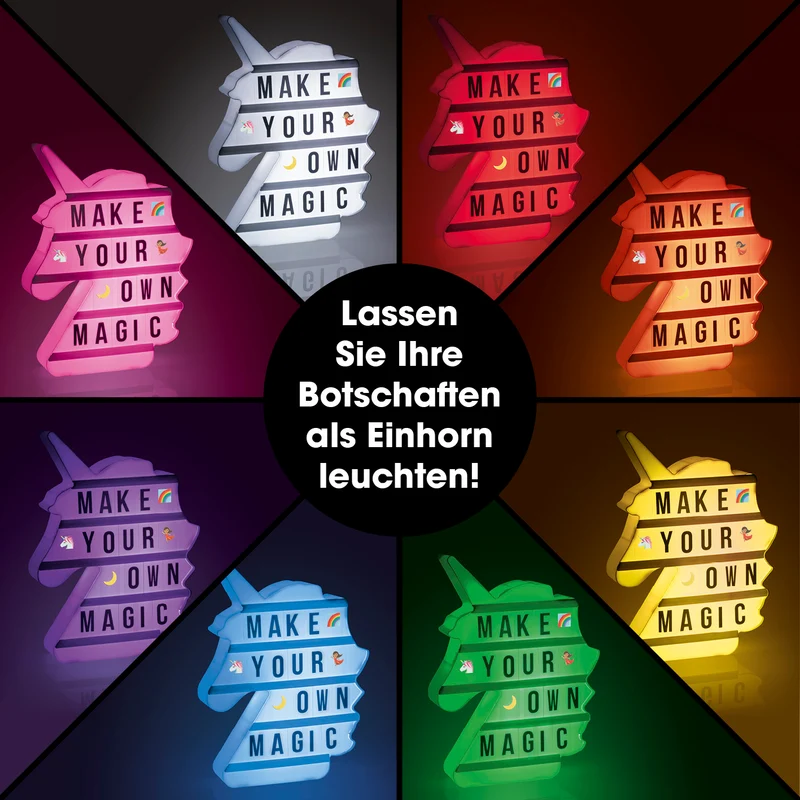 LED-Leuchtkasten Einhorn - 173 Buchstaben & 150 Moodjis