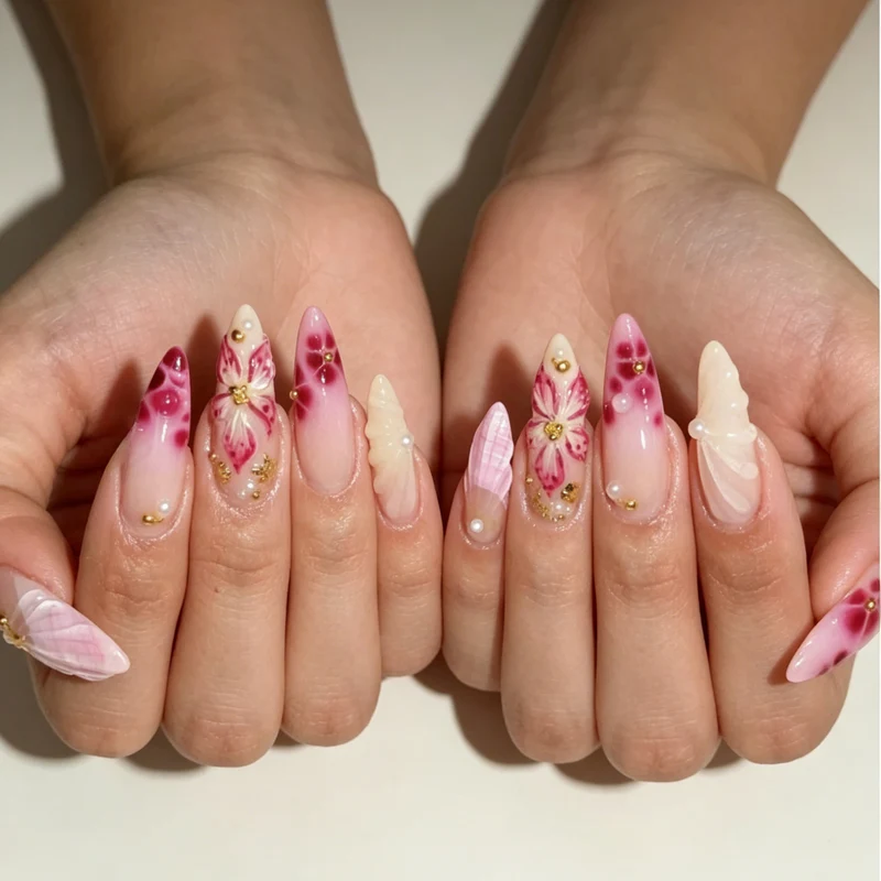 Luxuriöse florale Press-On-Nagelveränderungen Karnz