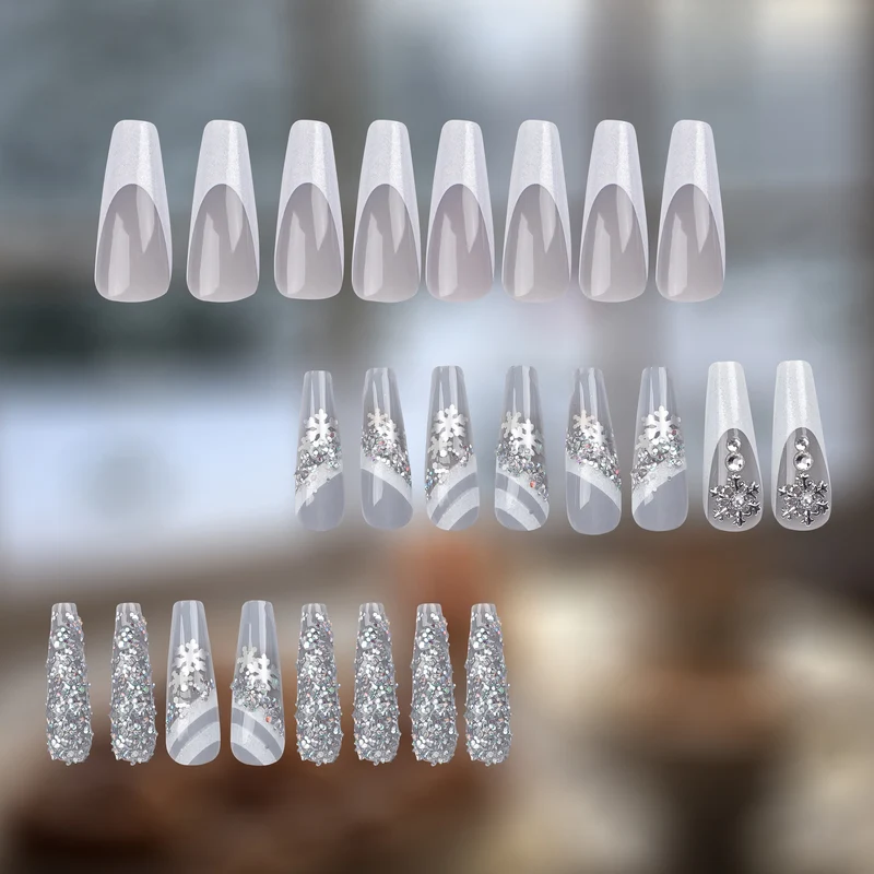 Elegante Kunstnägel mit Glitzer- und Schnee-Design Karnz