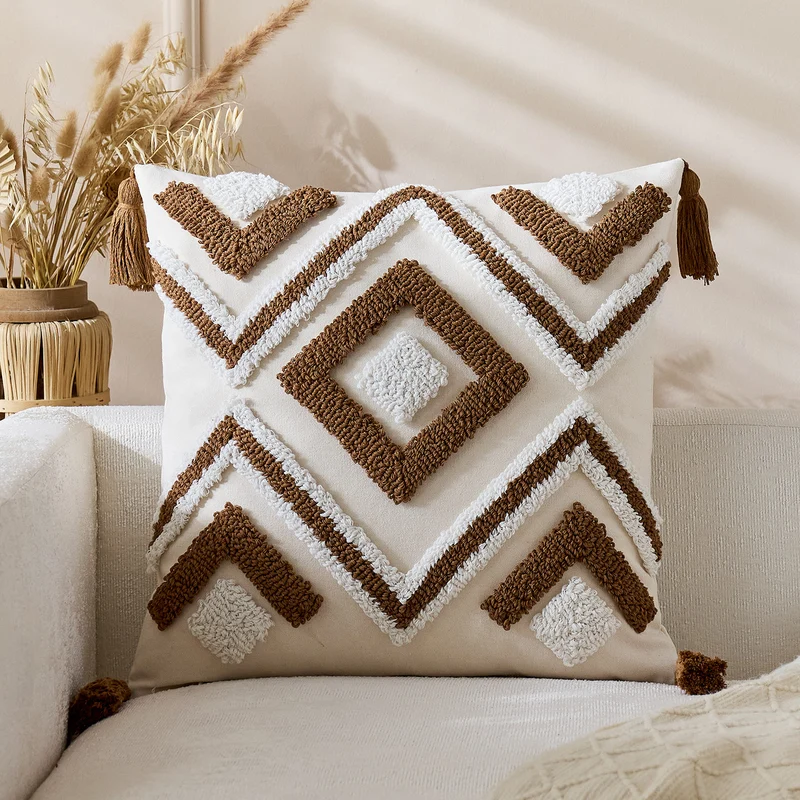Geknotet Geometrisch Boho Quadratisches Wurfkissenbezug mit Eckenquasten und verstecktem Reißverschluss